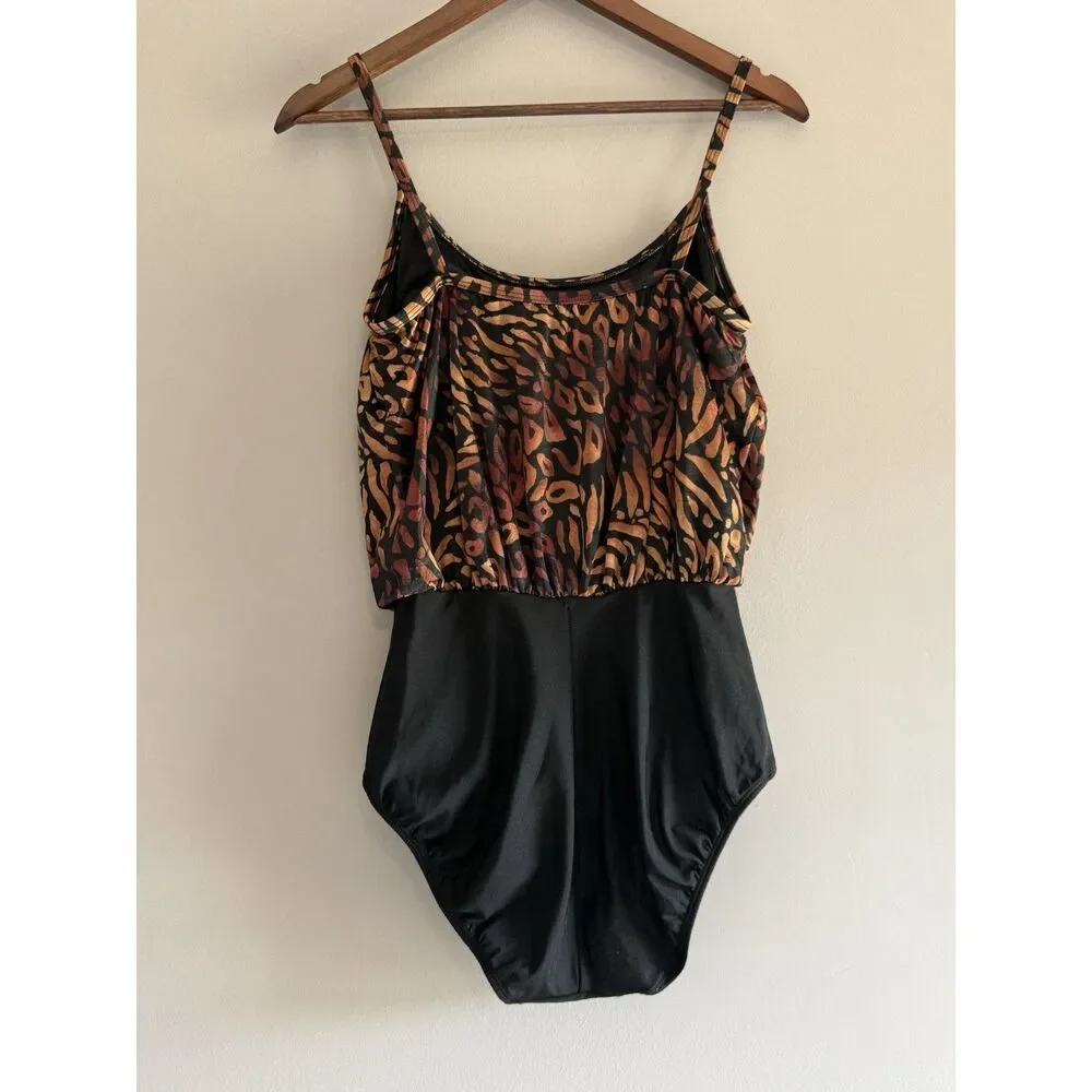 Vintage Robby Len Swimsuit One Piece Blouson Animal Print Retro 80s 90s Size 10